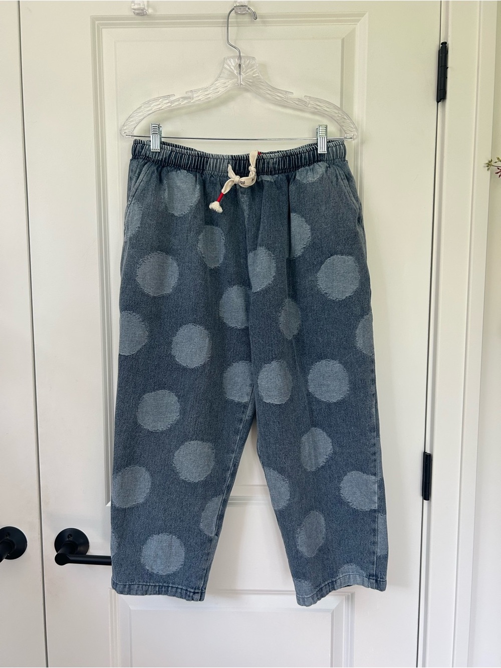 MR DONOO Japan fit L XL Denim Big Dot Print Cropped Pull on Balloon Pants Jeans - Picture 9 of 9